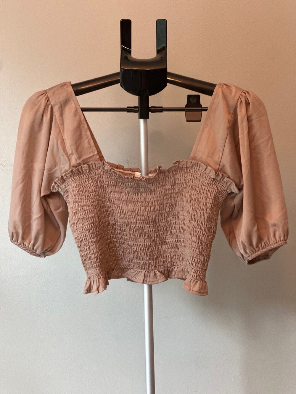 Active USA Crop Top Women Medium Brown Smocked Puff Sleeve Cottagecore Boho